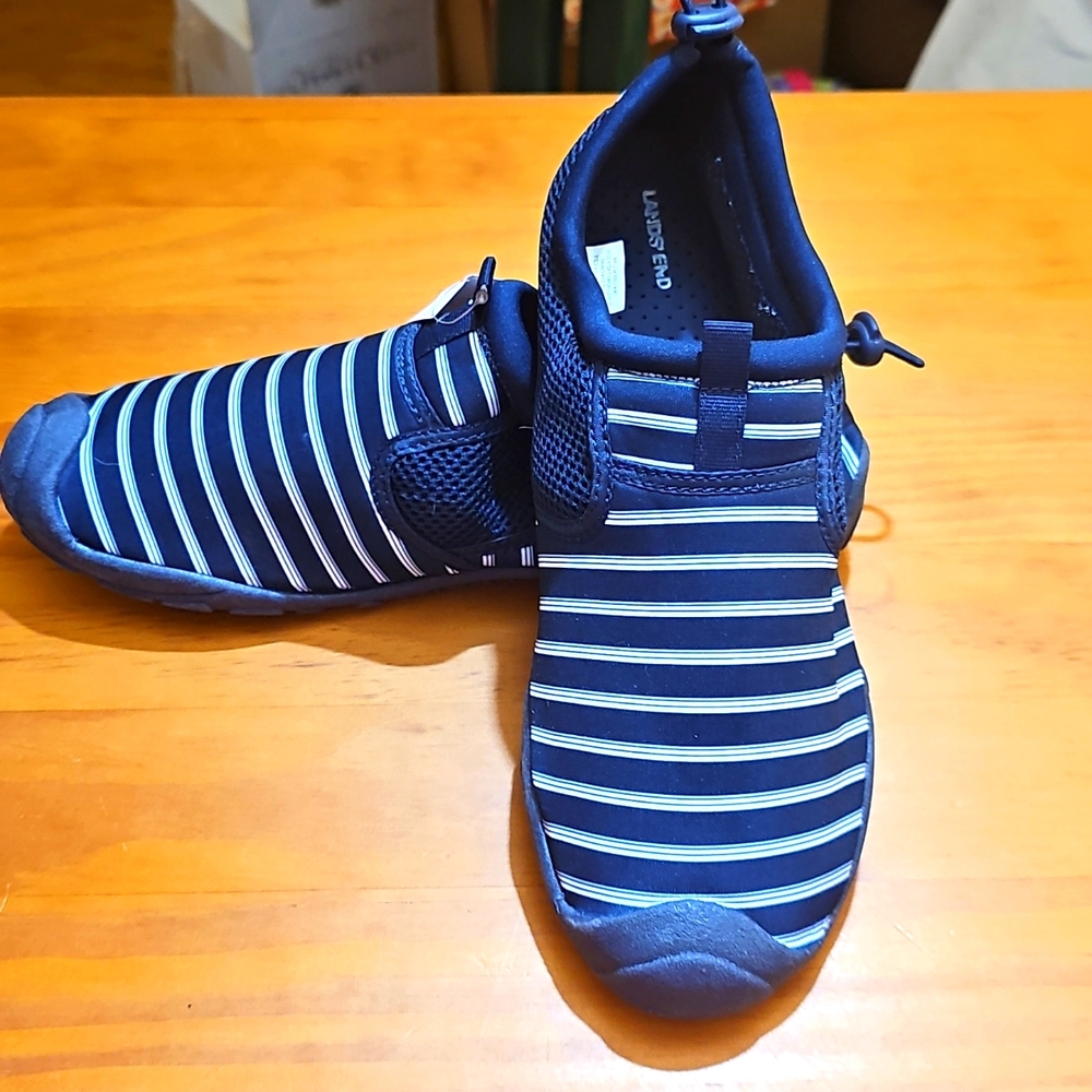 Lands' End Navy and White Striped Size 10 Women's Swim Shoes
